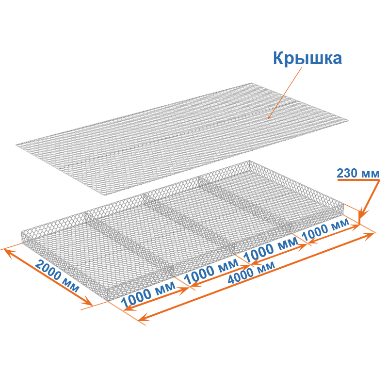 Габион матрац ГСИ-М 4х2х0,23 оцинкованный, Ø проволоки 2,2 мм, размер ячейки 6х8 см фото