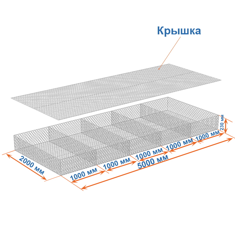 Габион матрац ГСИ-М 5х2х0,23 оцинкованный, Ø проволоки 3,0 мм, размер ячейки 8х10 см фото