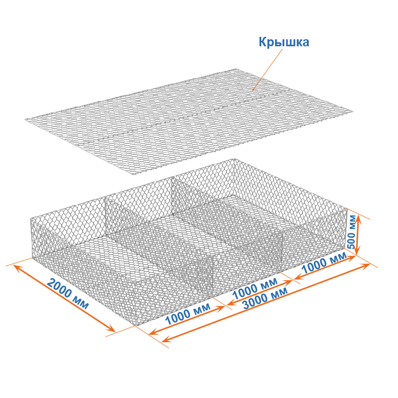 Габион матрац  ГСИ-К 3х2х0,5 оцинкованный, Ø проволоки 2,4 мм, размер ячейки 6х8 см фото