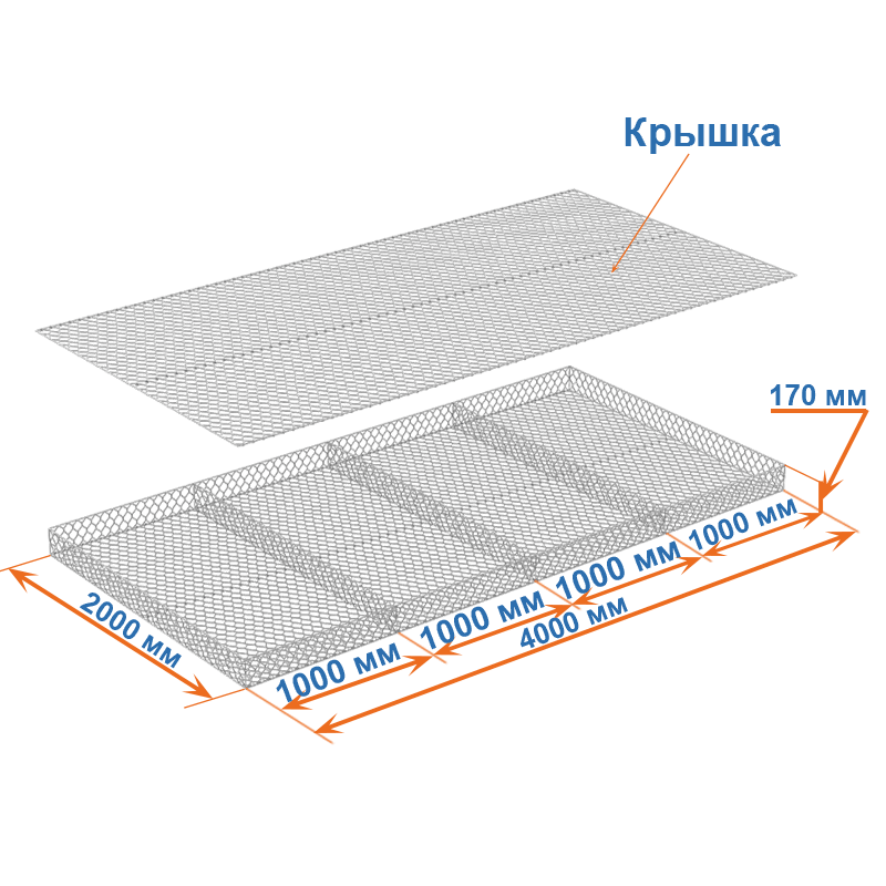 Габион матрац ГСИ-М 4х2х0,17 оцинкованный / ЦП, Ø проволоки 2,4/3,4 мм, размер ячейки 6х8 см фото